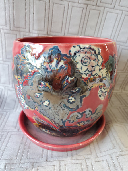 Red Ceramic Planter with Saucer