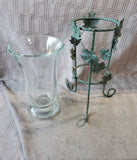 Heavy Clear Glass Vase with Metal Leaf Stand