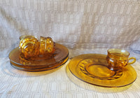 8 Piece Amber Glass King's Crown Thumbprint Luncheon Plate and Cup Set
