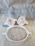 3 Piece Pink Glass Creamer and Sugar with Serving Tray Set
