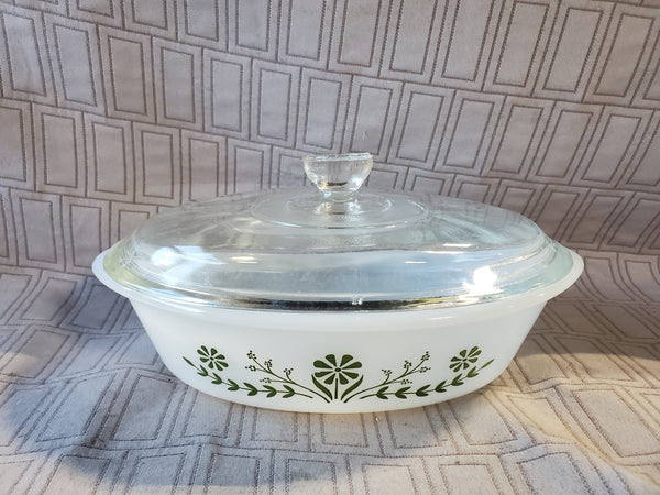 Glasbake "Green Daisy" Milk Glass Baking Dish