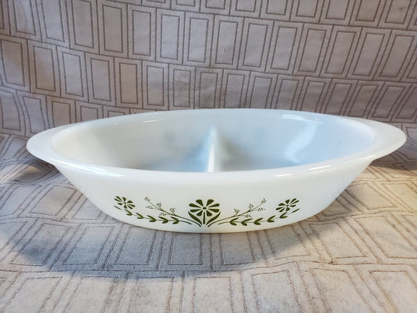 Glasbake "Green Daisy" Milk Glass Divided Dish