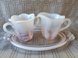 3 Piece Pink Glass Creamer and Sugar with Serving Tray Set