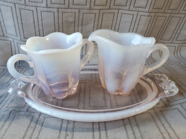 3 Piece Pink Glass Creamer and Sugar with Serving Tray Set