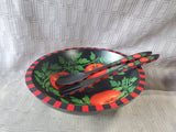 Sherwood Forest Design Hand Painted Wooden Tomato Salad Bowl with Serving Utensil Set