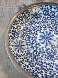 Vintage Asian Inspired Blue and White Porcelain Plate with Pewter Rim