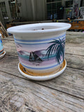 Glazed and Painted Pottery Planter w/Fixed Saucer and Dirt