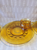 8 Piece Amber Glass King's Crown Thumbprint Luncheon Plate and Cup Set