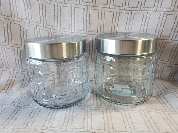 Pair of Clear Glass Basket Weave Design Kitchen Jars