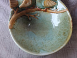 Green Ceramic Birds Perched on Branch Bowl