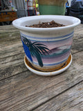 Glazed and Painted Pottery Planter w/Fixed Saucer and Dirt