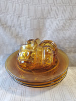 8 Piece Amber Glass King's Crown Thumbprint Luncheon Plate and Cup Set