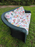 Lloyd Flanders Green Wicker Sofa w/Floral Cushions