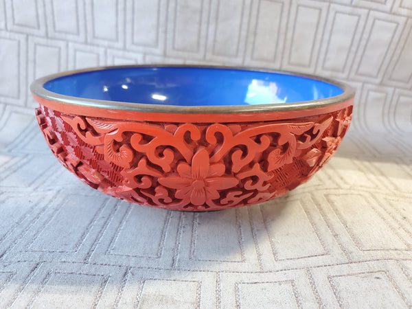 Asian Inspired Red Cinnabar Bowl with Blue Enamel Interior