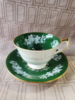Aynsley Fine Bone China Dark Green and White Rose Teacup and Saucer Set