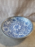 Vintage Asian Inspired Blue and White Porcelain Plate with Pewter Rim