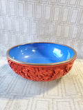Asian Inspired Red Cinnabar Bowl with Blue Enamel Interior