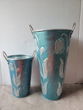 Pair of Galvanized Metal Floral Flower Bucket