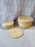 Set of 6 Woven Rattan Coasters with Storage Basket