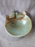Green Ceramic Birds Perched on Branch Bowl