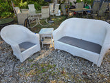 B-Lloyd Loom White Wicker Glider Loveseat, Swivel Chair and Table Set w/Sunbrella Cushions