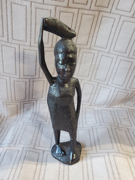 (D) Hand Carved Ebony Wood African Folk Art Statue