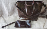 Dooney & Bourke Brown Leather Basket Weave Tote with Matching Wristlet