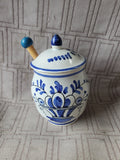 Hand Painted Ceramic Blue and White Dijon Mustard Jar with Spreader