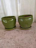 Pair of Green Glazed Terracotta Planters w/Fixed Saucers
