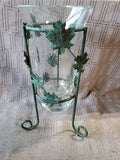 Heavy Clear Glass Vase with Metal Leaf Stand
