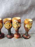 7 Piece Hand Carved Wooden Folk Art Cordial Cup and Serving Tray Set