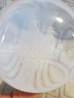 Domed Etched Ship Clear Glass Paperweight