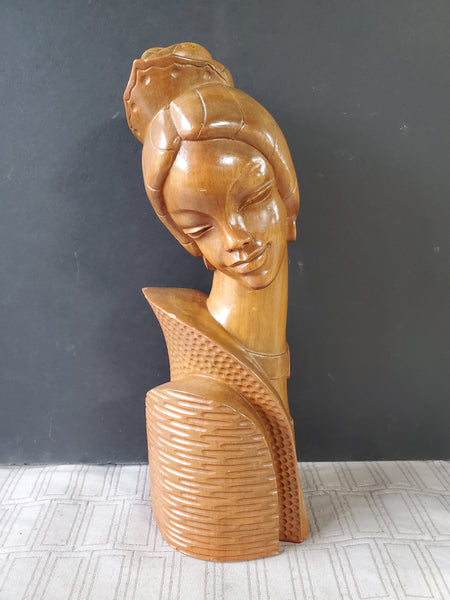 Vintage Hand Carved Asian Inspired Wooden Woman Statue