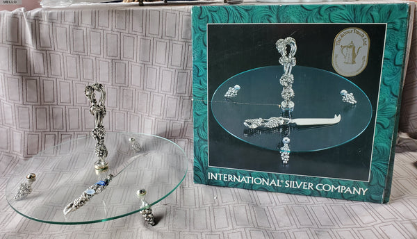 International Silver Company Glass Cheese Plate with Cheese Knife