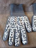 Pair of Temp-Tations by Tara Gray and White Damask Oven Mitts—Size Large
