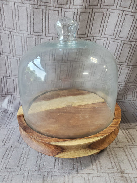 Glass Dome and Wood Cheese Tray