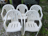 Five Plastic Stacking Outdoor Chairs w/Plastic Cover
