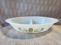 Glasbake "Green Daisy" Milk Glass Divided Dish