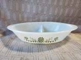 Glasbake "Green Daisy" Milk Glass Divided Dish