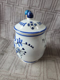 Hand Painted Ceramic Blue and White Dijon Mustard Jar with Spreader