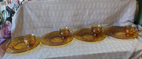 8 Piece Amber Glass King's Crown Thumbprint Luncheon Plate and Cup Set