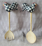 Pair of Rustic Checkered Rooster Wooden Salad Servers