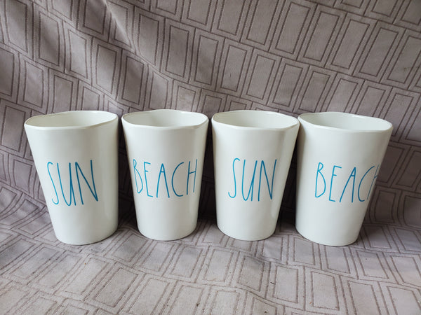 (B) Set of 4 Rae Dunn Melamine by Magenta "Sun" and "Beach" Tumblers