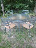 5-Piece Grey Metal Outdoor Dining Set, Glass to Table and All-Weather Wicker Chair Seats