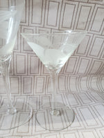 Lot of 5 Etched Clear Glass Martini Glasses