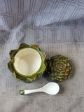 Signed Green Glazed Ceramic Artichoke Condiment Jar with Spoon