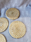 Set of 6 Woven Rattan Coasters with Storage Basket