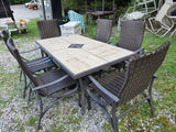 Hampton Bay Rectangular Bronze Tone Patio Table w/Six All-Weather Wicker Chairs and Green Striped Sunbrella Cushions