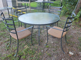 5-Piece Grey Metal Outdoor Dining Set, Glass to Table and All-Weather Wicker Chair Seats
