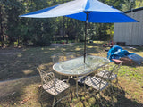 7-Piece Cast Aluminum Patio Dining Set w/Glass Top Table, Umbrella and Stand